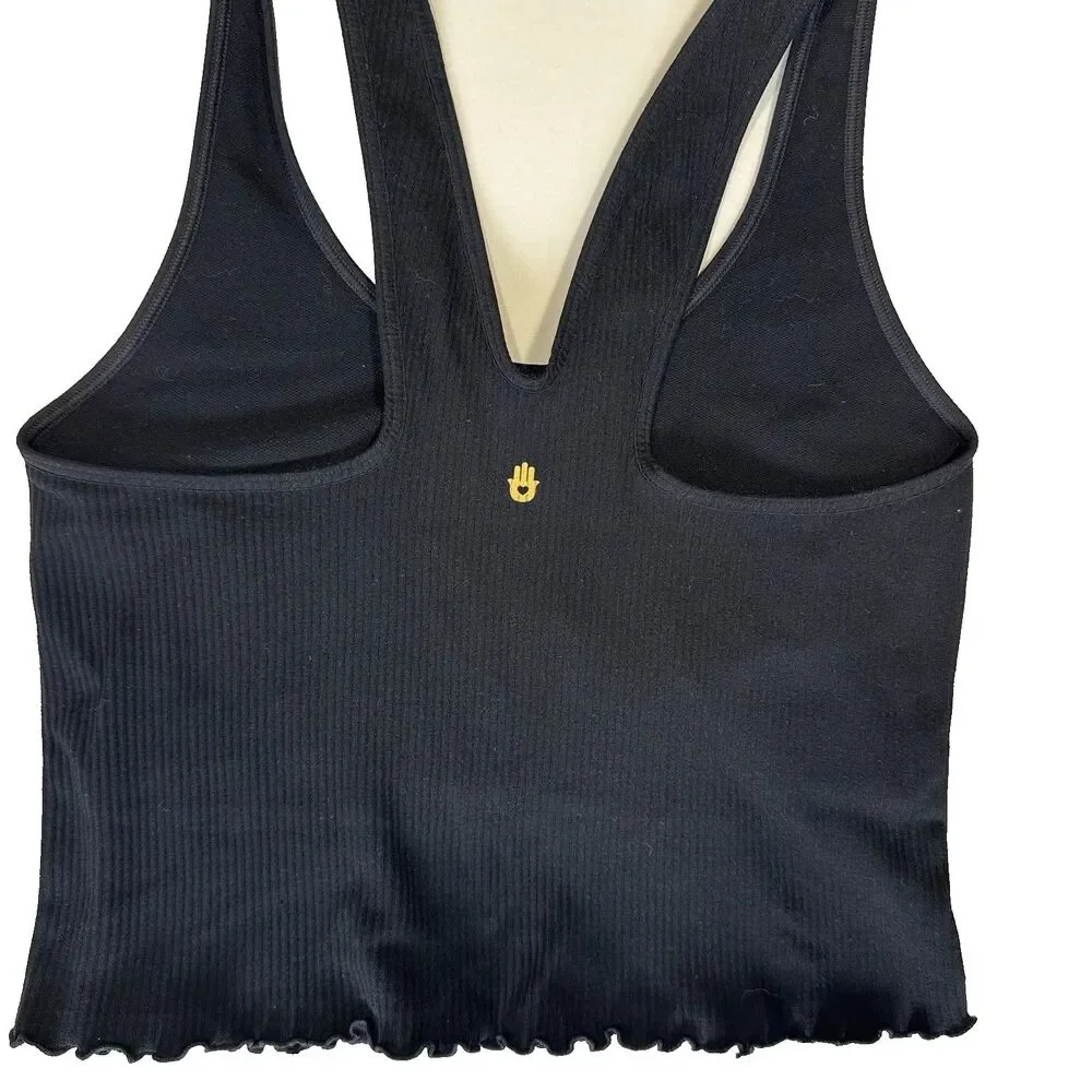 Spiritual Gangster M/L Amor Crop Rib Tank Top Black Ruffled Lettuce Edge Bra